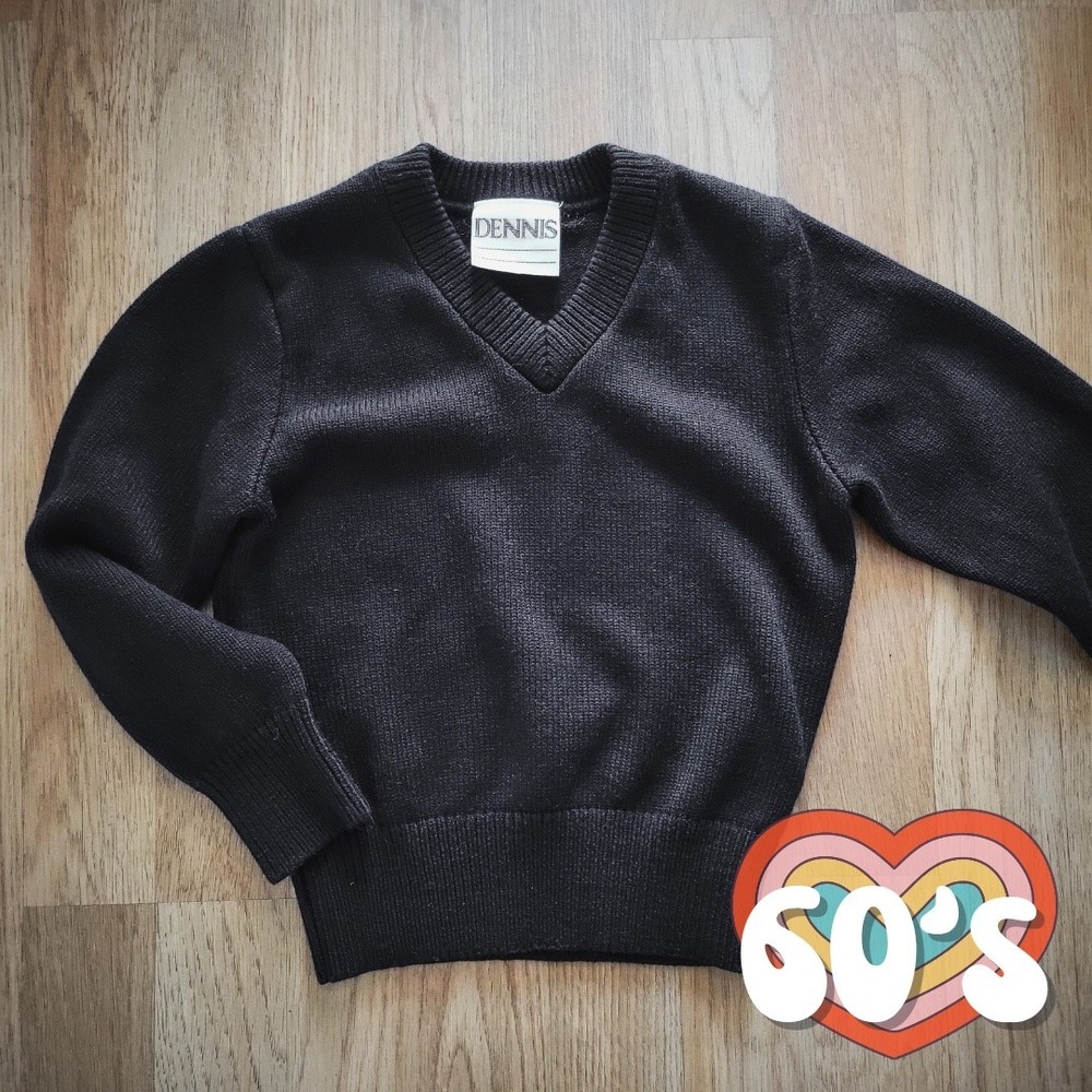 Dennis Uniform Sweater Vintage 60s Black Church School Vneck Pullover Boys YXS